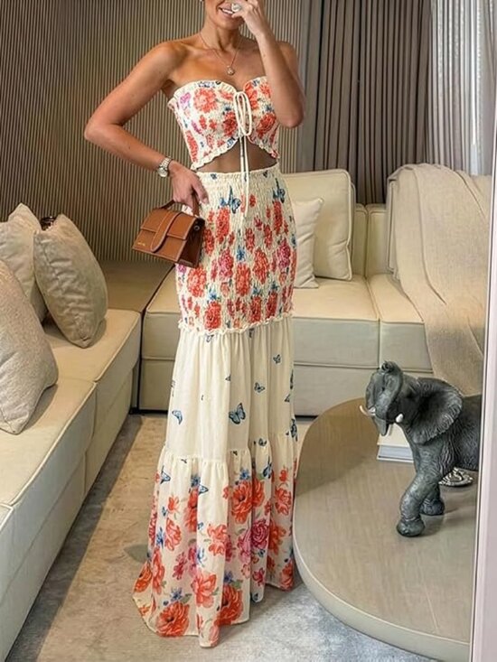 branded Dresses & Skirts - Floral Printed Vacation Dress Halter Tie Ruched Shirred Bandeau Party Dress Sli